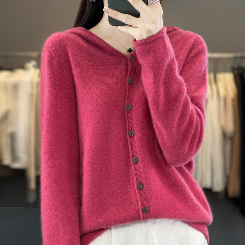 Damen-Strickjacke aus Merinowolle mit Kapuze