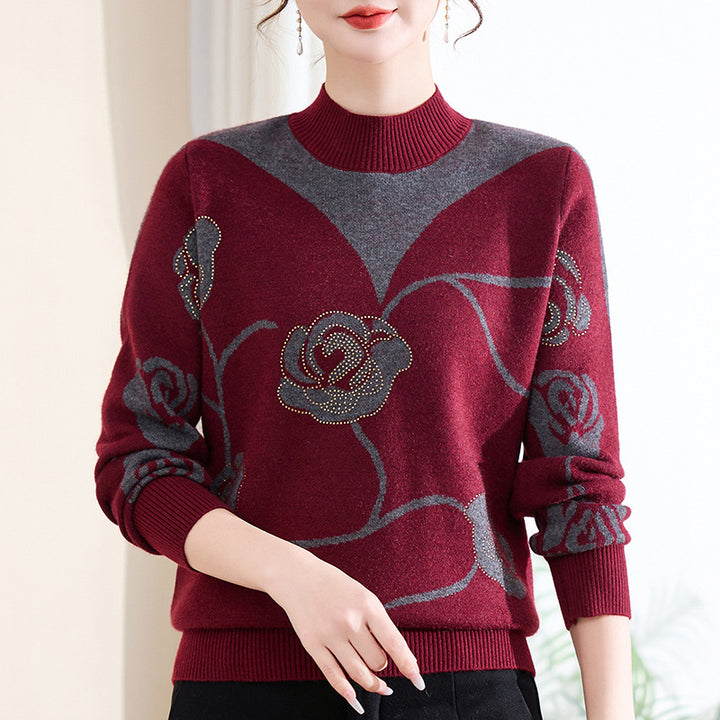 Damen-Strickpullover mit Stehkragen und Blumenmuster