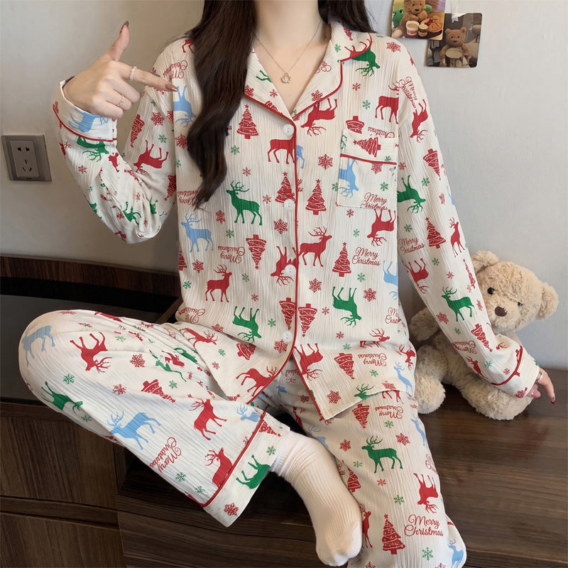 Damen-Pyjama-Set, Langarm, Geknöpft, Weihnachtsmotiv