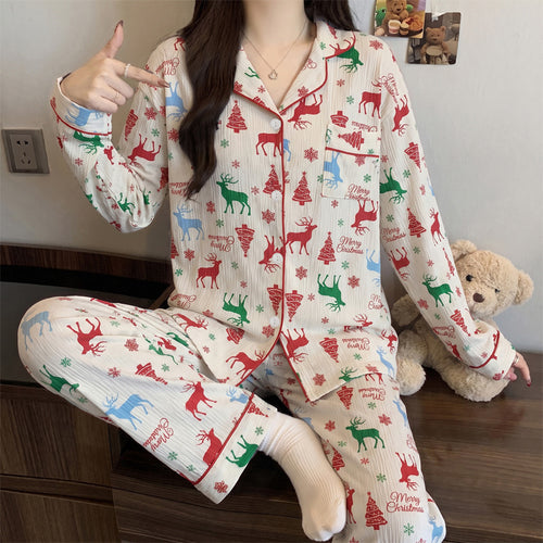 Damen-Pyjama-Set, Langarm, Geknöpft, Weihnachtsmotiv