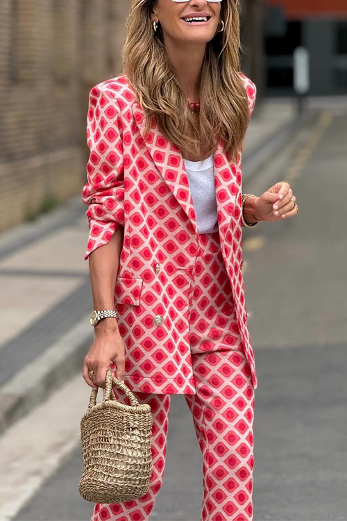 Drune | Rosiedress Geometrischer Druck Revers Doppelt Knopf Blazer und Flare-Hosen Set