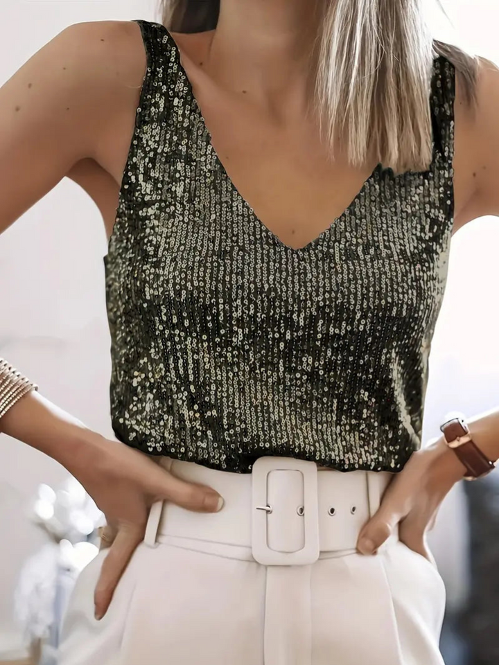 Drune | Damen Glitter Pailletten V-Ausschnitt Top Ärmelloses Shirt Top Für Frauen