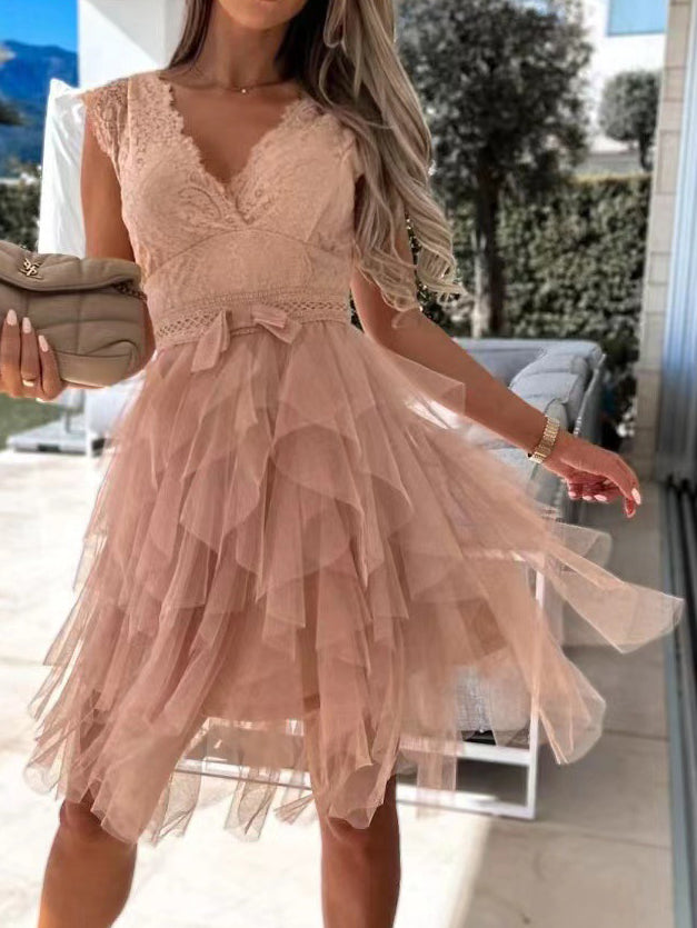 Drune | Damen Kleider V-Ausschnitt Spitze Mesh Unregelmäßiges Kleid