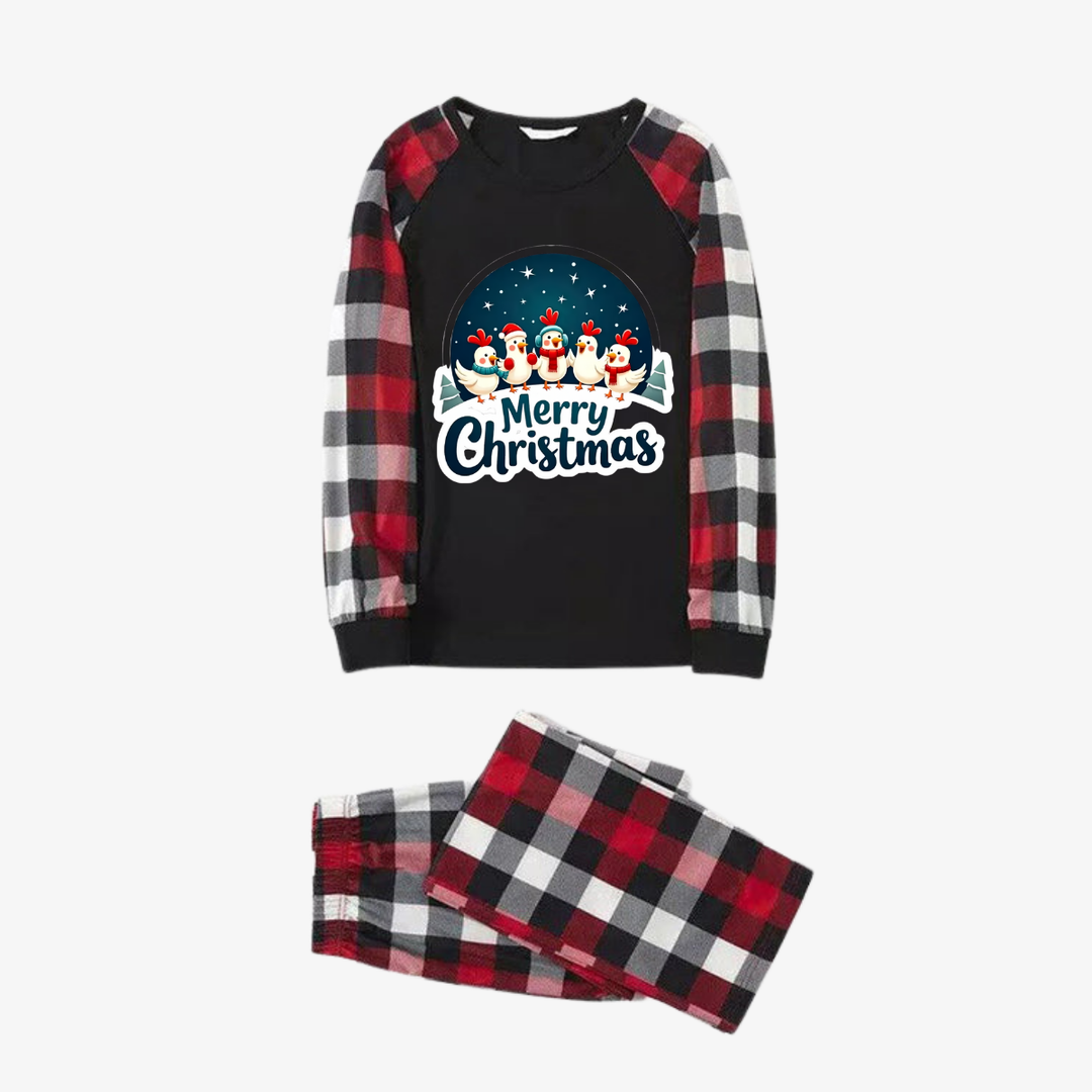 Drune | Rote und graue karierten Weihnachts-Pyjamas mit glücklichen Hühnern und "Frohe Weihnachten" Textdruck