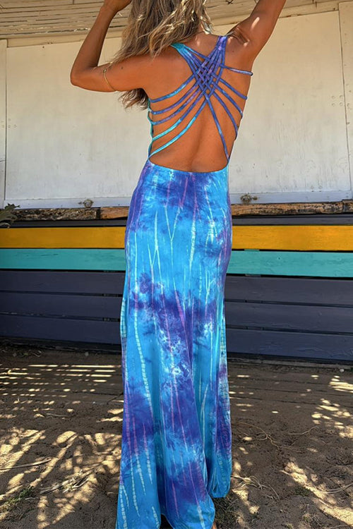 Drune | Scoop Neck Rückenfreies Criss Cross Tie Dye Maxikleid