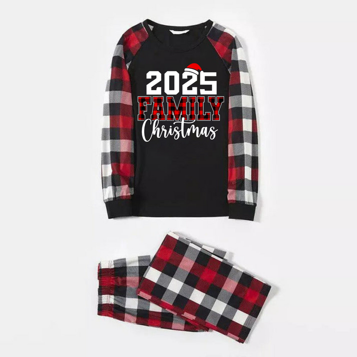 Drune | "2025 FNMILY Weihnachten" Weiß- und Rotdruckmuster - Schwarzes Oberteil mit Rot-Schwarz-Weißen Karoärmeln - Familienpassende Schlafanzüge