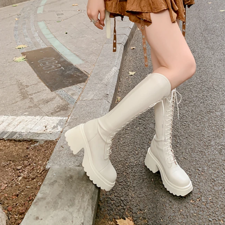 Drune | Hohe Stiefel Damenstiefel mit Schnürung und Robuster Ferse