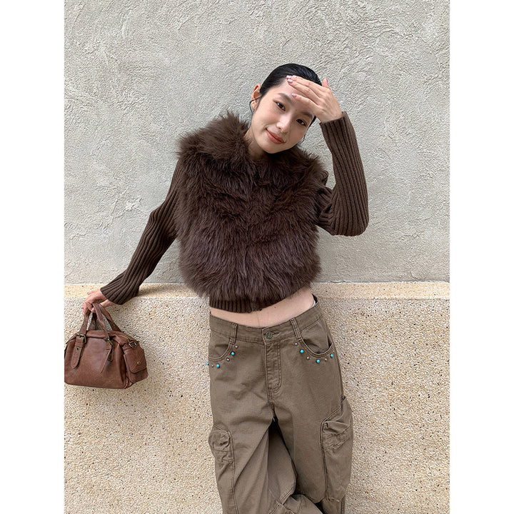 Strickjacke mit Kunstfell-Besatz und Reverskragen