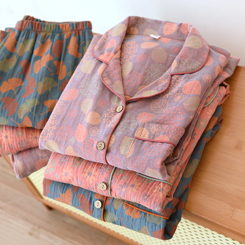 Damen-Pyjama-Set aus Baumwoll-Gaze, langärmelig, Vintage-Stil