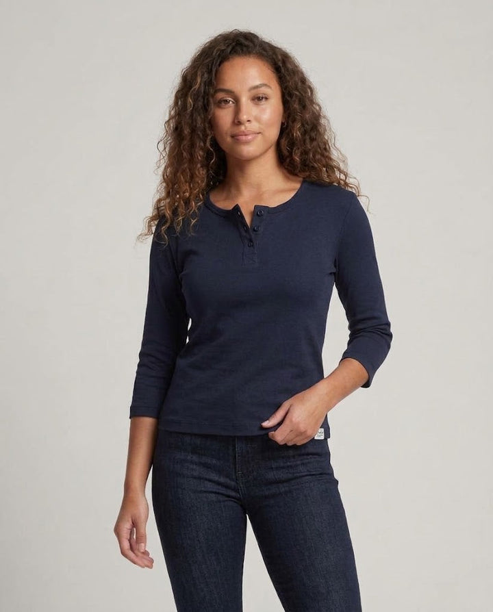 Damen Geripptes Henley-Cropped-Shirt mit Dreiviertelärmeln Drune