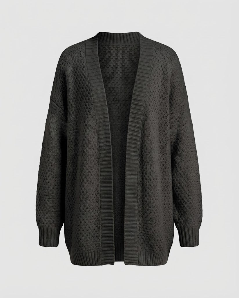 Damen Oversize Strickcardigan mit Bouclé‑Optik, offener Front und gerippten Bündchen Drune