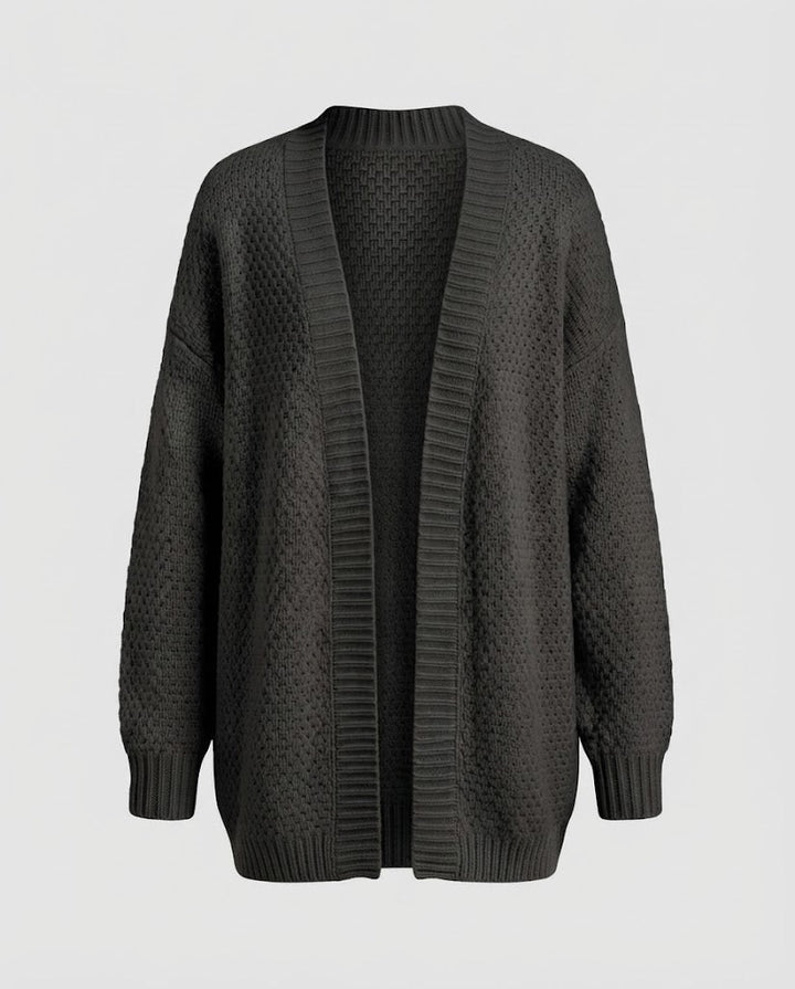 Damen Oversize Strickcardigan mit Bouclé‑Optik, offener Front und gerippten Bündchen Drune