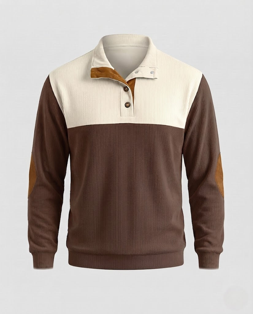 Herren Rippstrick-Henley-Pullover mit Kontrast-Schulterpartie und Ellbogen-Patches Drune