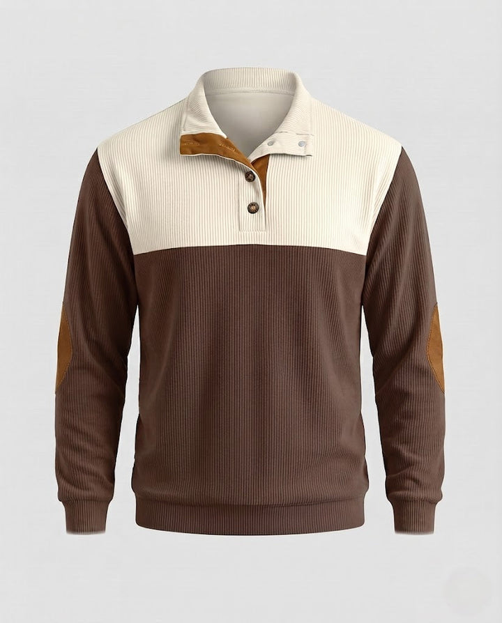 Herren Rippstrick-Henley-Pullover mit Kontrast-Schulterpartie und Ellbogen-Patches Drune