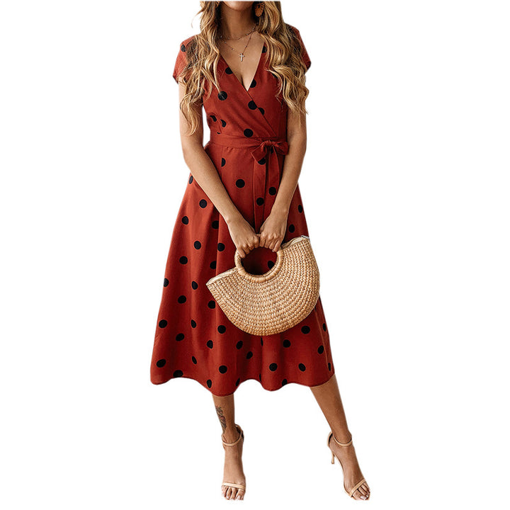 Damen Wickelkleid mit Punkten und tiefer V-Ausschnitt Drune