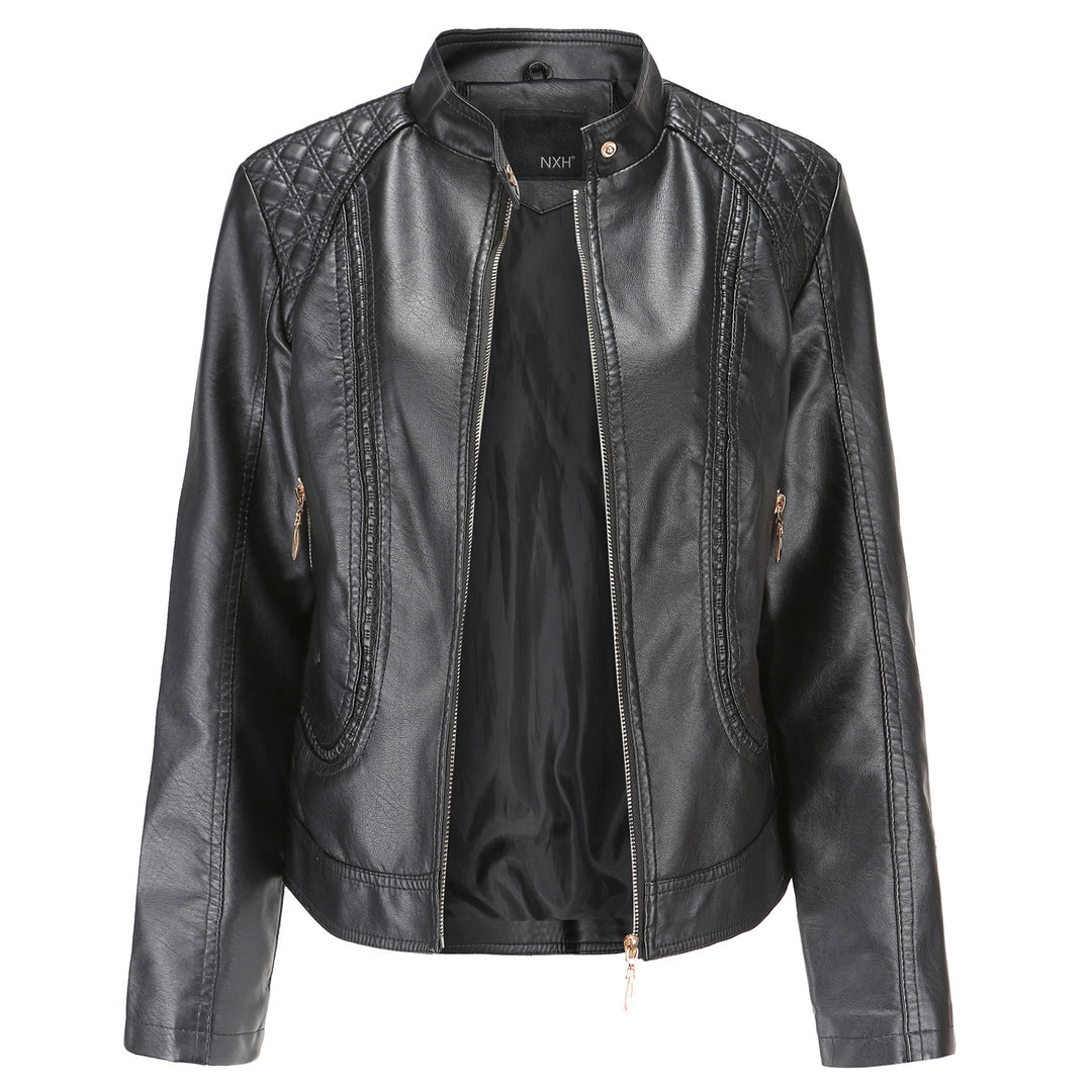 Damen nan taillierte Kunstleder Bikerjacke mit Stehkragen und gesteppter Schulterpartie Drune