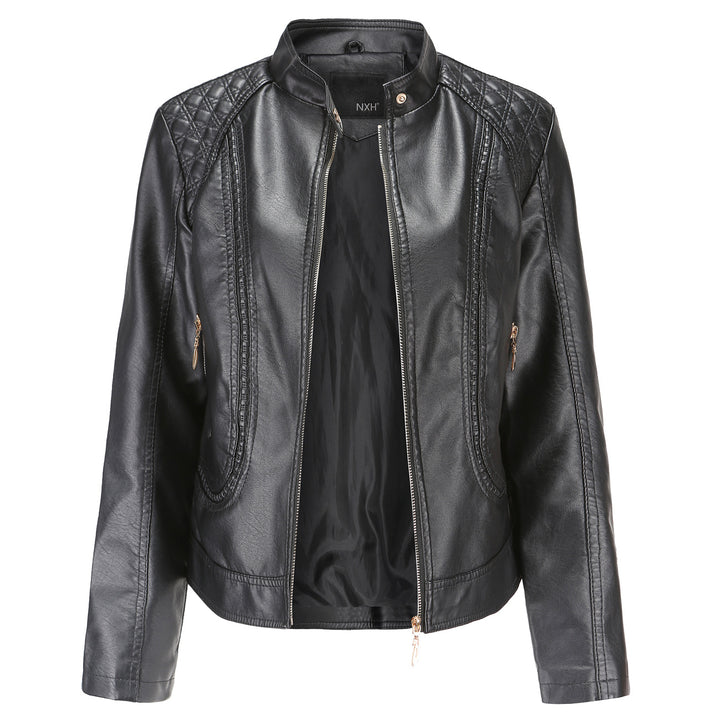 Damen nan taillierte Kunstleder Bikerjacke mit Stehkragen und gesteppter Schulterpartie Drune