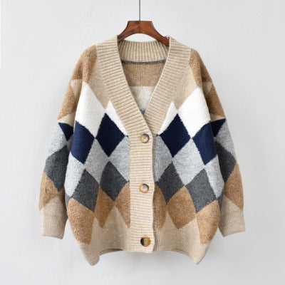 Damen Gemusterte Strickjacke mit Knöpfen und V-Ausschnitt Drune
