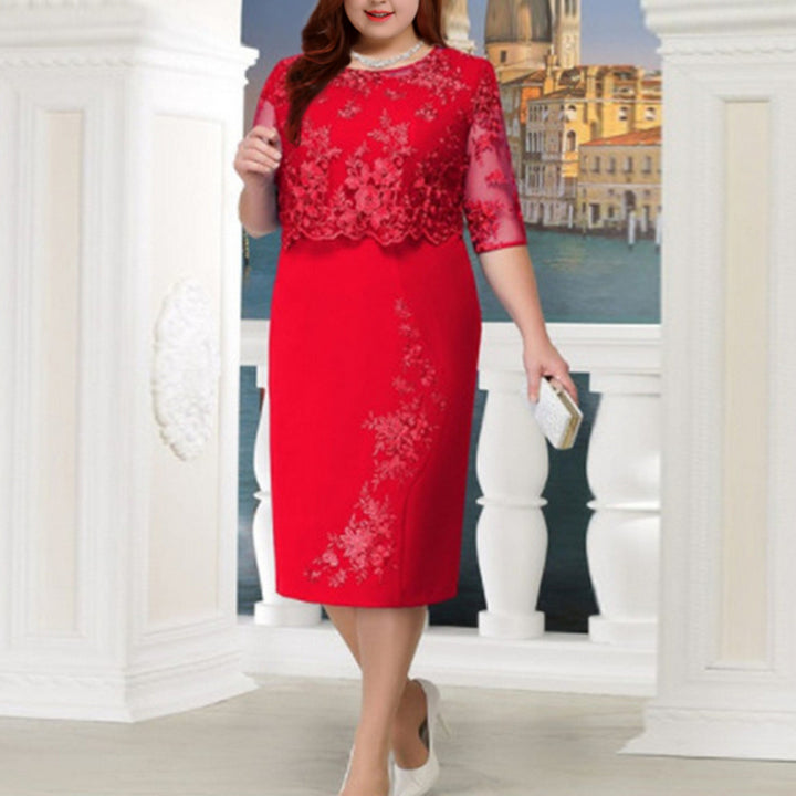 Damen Elegantes Spitzen-Overlay Etui-Kleid mit besticktem Chiffonoberteil und halbtransparenten Ärmeln Drune