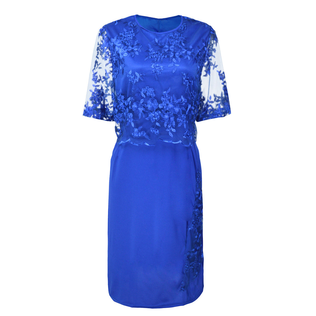 Damen Elegantes Spitzen-Overlay Etui-Kleid mit besticktem Chiffonoberteil und halbtransparenten Ärmeln Drune