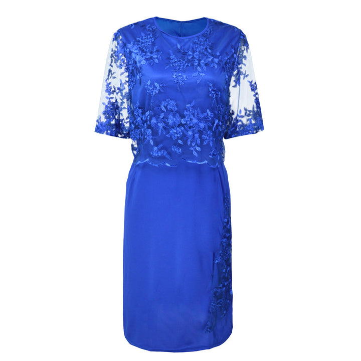 Damen Elegantes Spitzen-Overlay Etui-Kleid mit besticktem Chiffonoberteil und halbtransparenten Ärmeln Drune