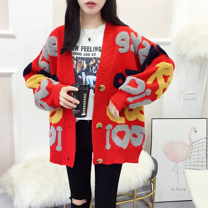 Damen Strickjacke mit buntem grafischen Design und gemütlichen Knöpfen Drune