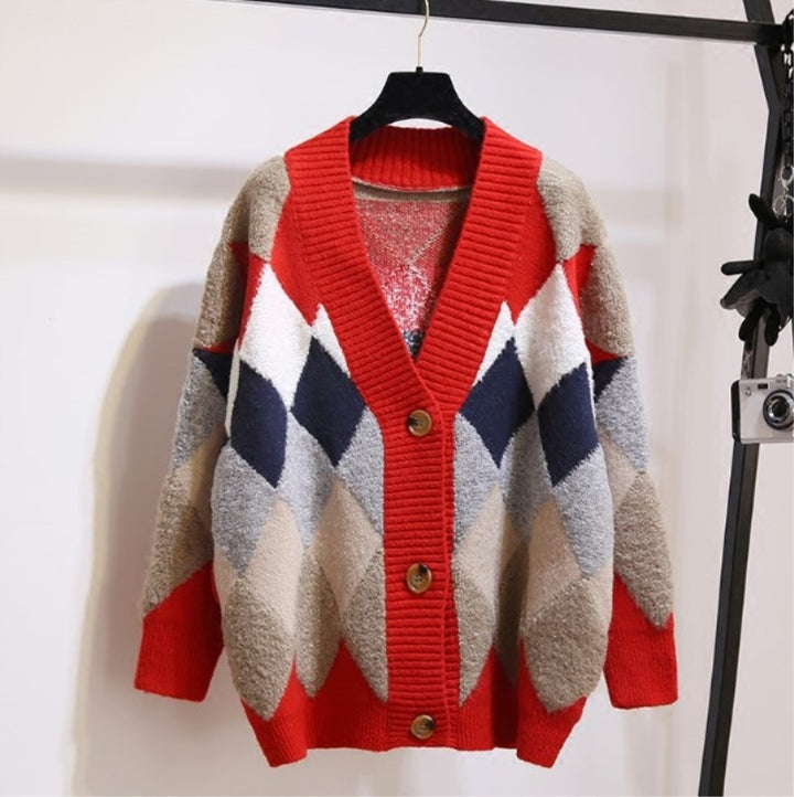 Damen Gemusterte Strickjacke mit Knöpfen und V-Ausschnitt Drune
