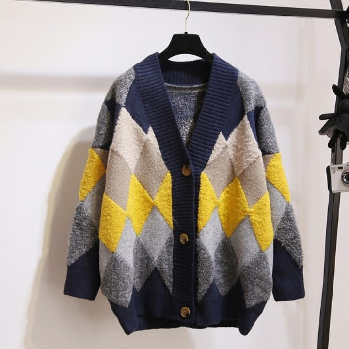 Damen Gemusterte Strickjacke mit Knöpfen und V-Ausschnitt Drune
