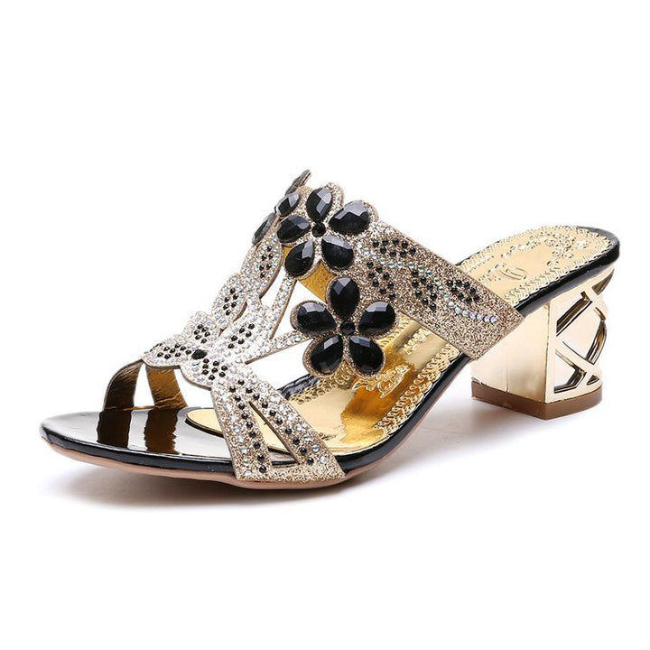 Damen nan verzierte Riemchensandalen mit mittelhohem geometrischem Blockabsatz und Kristallblumen Drune