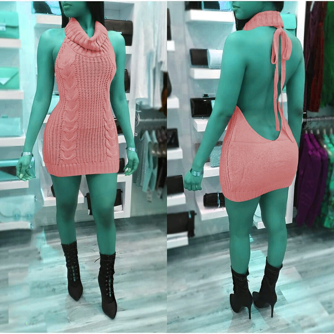 Damen Strickkleid mit tiefem Rollkragen und trendigem Rückenausschnitt Drune