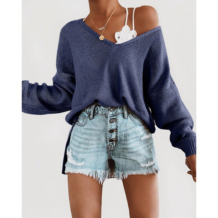 Damen lässiger Strickpullover mit tiefem V-Ausschnitt und lockerer Silhouette Drune