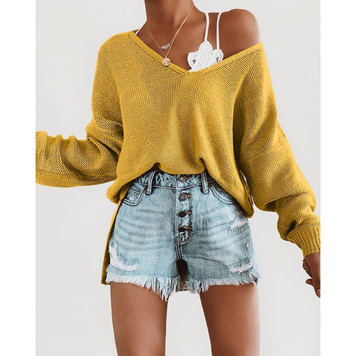 Damen lässiger Strickpullover mit tiefem V-Ausschnitt und lockerer Silhouette Drune