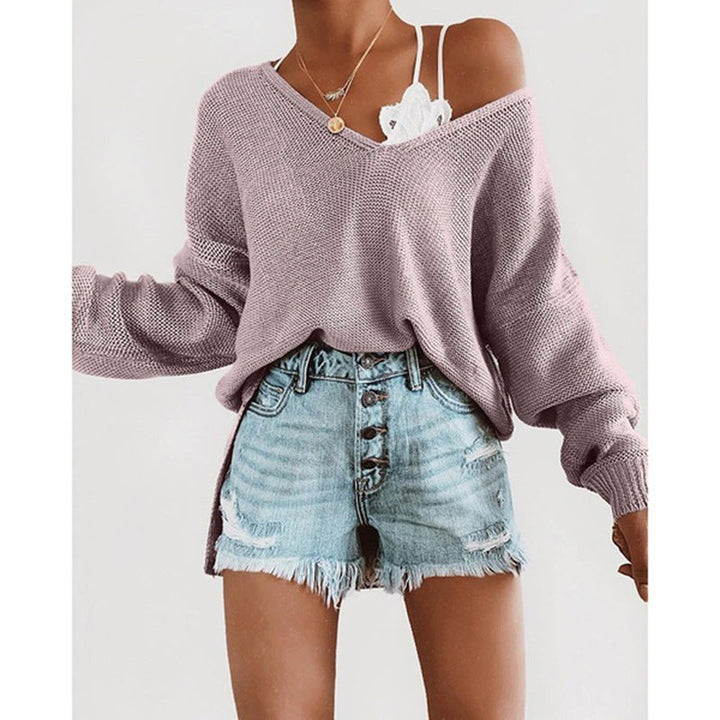 Damen lässiger Strickpullover mit tiefem V-Ausschnitt und lockerer Silhouette Drune