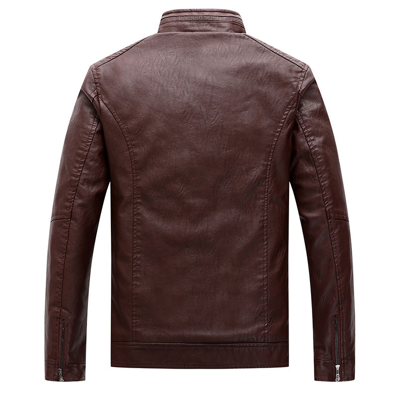 Herren Slim-Fit Lederimitat-Bikerjacke mit Stehkragen und Reißverschlusstaschen Drune