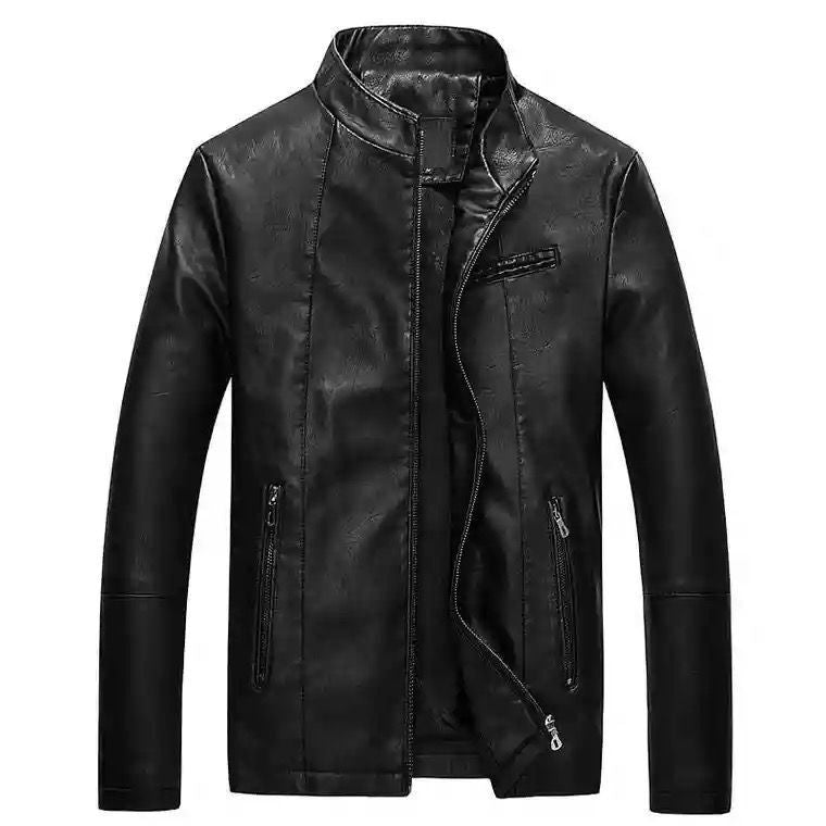 Herren Slim-Fit Kunstlederjacke im Bikerstil mit Stehkragen und Reißverschluss Drune