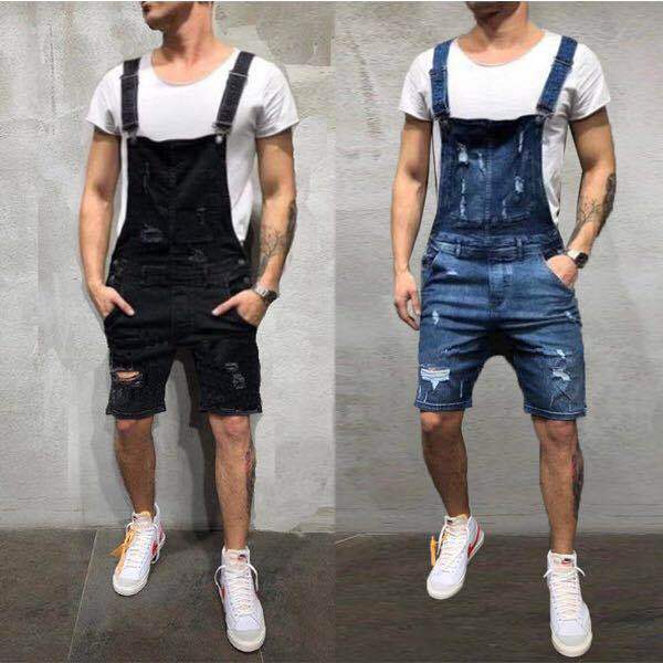Herren Denim Latzshorts im modernen used Look mit verstellbaren Trägern Drune