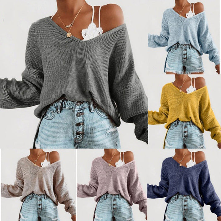 Damen lässiger Strickpullover mit tiefem V-Ausschnitt und lockerer Silhouette Drune