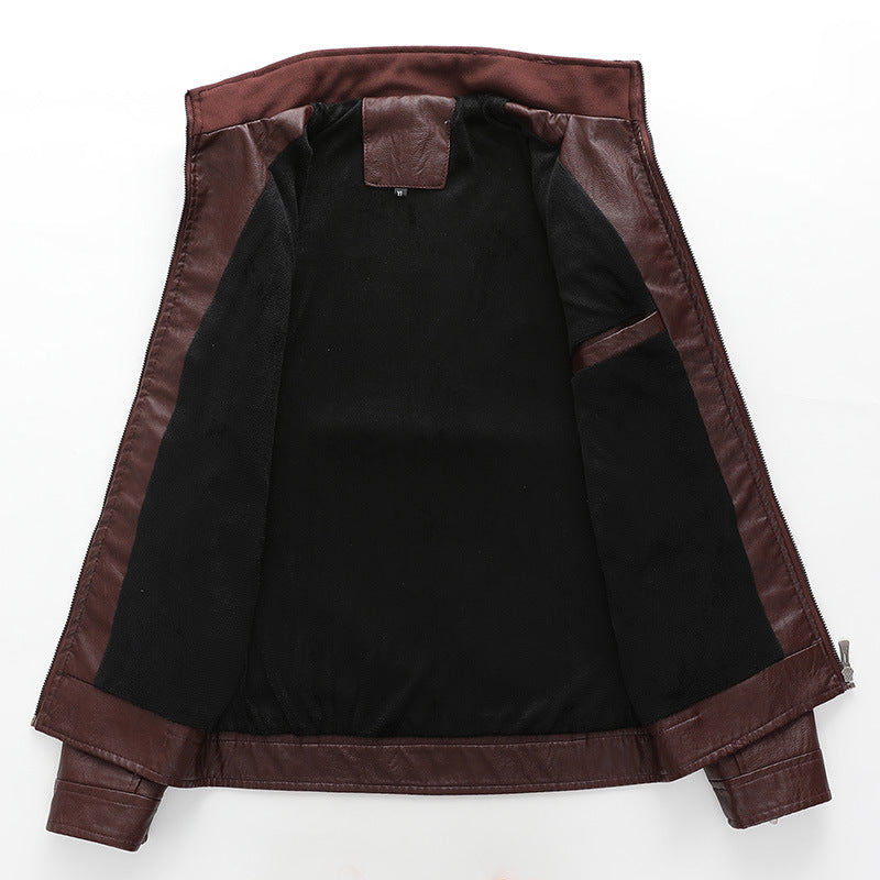 Herren Slim-Fit Lederimitat-Bikerjacke mit Stehkragen und Reißverschlusstaschen Drune