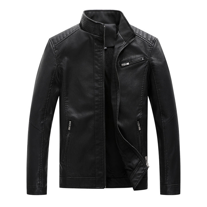 Herren Slim-Fit Lederimitat-Bikerjacke mit Stehkragen und Reißverschlusstaschen Drune
