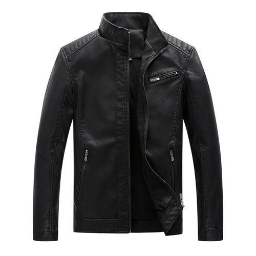 Herren Slim-Fit Lederimitat-Bikerjacke mit Stehkragen und Reißverschlusstaschen Drune
