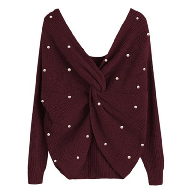 Damen modischer Strickpullover mit Wickeldesign und perlenverzierten Details Drune