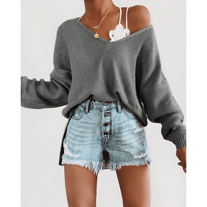 Damen lässiger Strickpullover mit tiefem V-Ausschnitt und lockerer Silhouette Drune