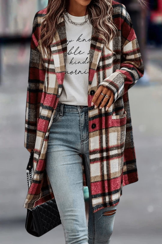 Drune | Lässiger Wollmantel mit Revers-Taschen und Karomuster für Damen | Stilvoll und Bequem