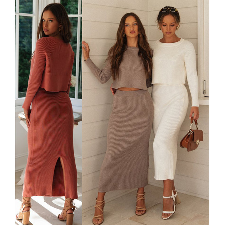 Damen elegantes Strick-Set mit cropped Pullover und Maxi-Rock Drune