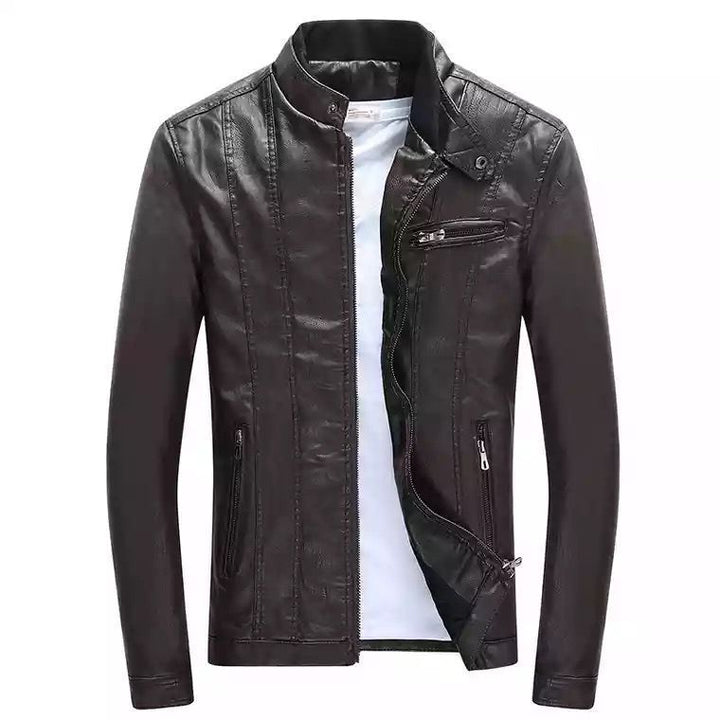 Herren Moderner Slim-Fit Lederoptik-Blouson mit Stehkragen und Brust-Reißverschlusstasche Drune