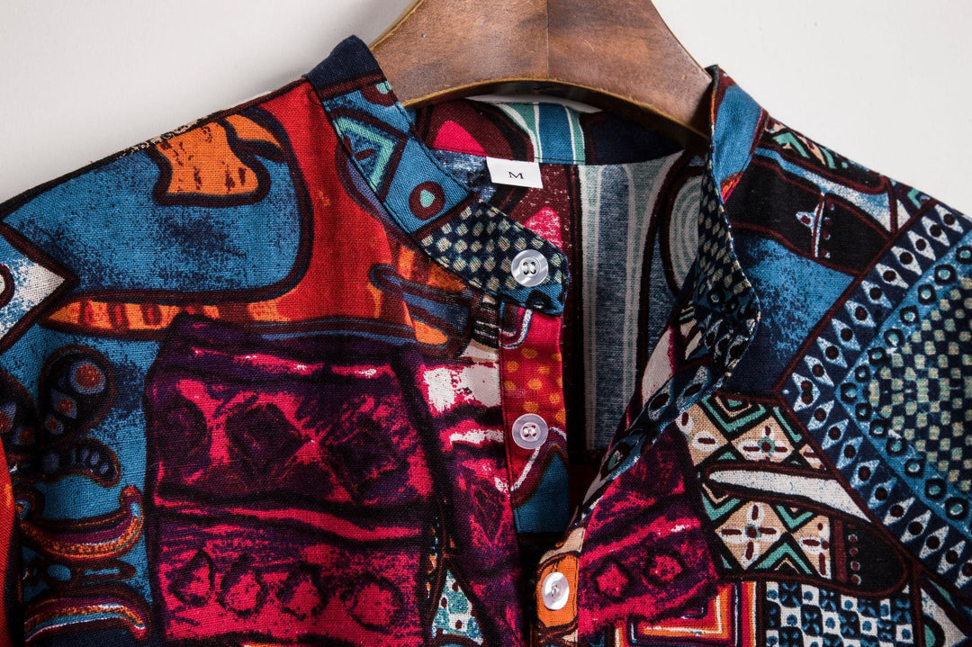 Herren Kurzarmhemd im kreativen Medley-Design mit Stehkragen und Knopfdetails Drune