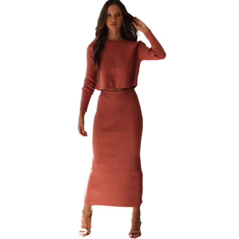 Damen elegantes Strick-Set mit cropped Pullover und Maxi-Rock Drune