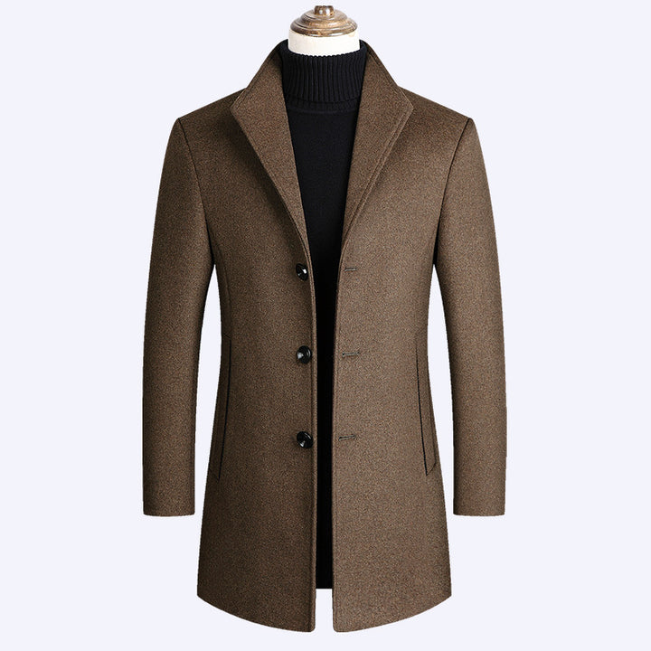 Herren Modernes einreihiges Wollmix-Longcoat mit schmaler Passform und minimalistischer Knopfleiste Drune