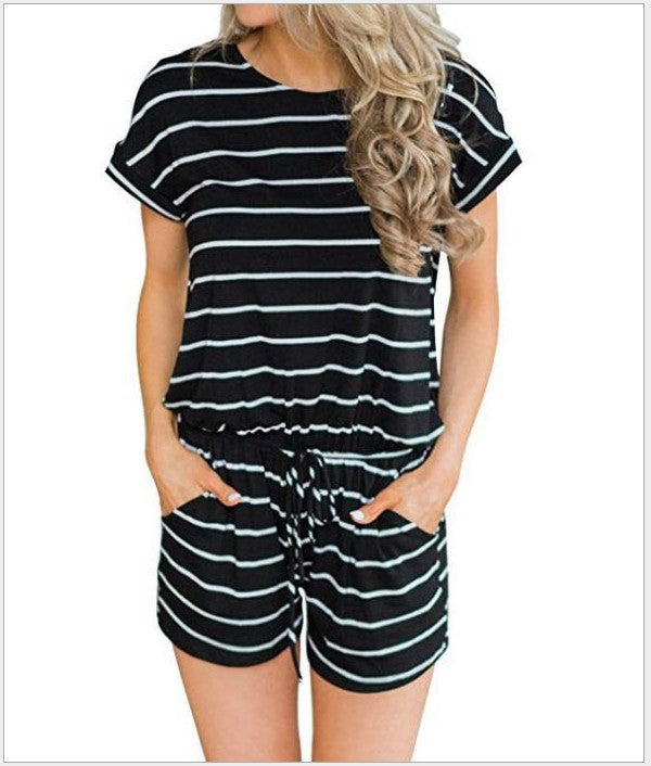 Damen Kurzarm Jumpsuit mit elastischem Bund und praktischen Taschen Drune