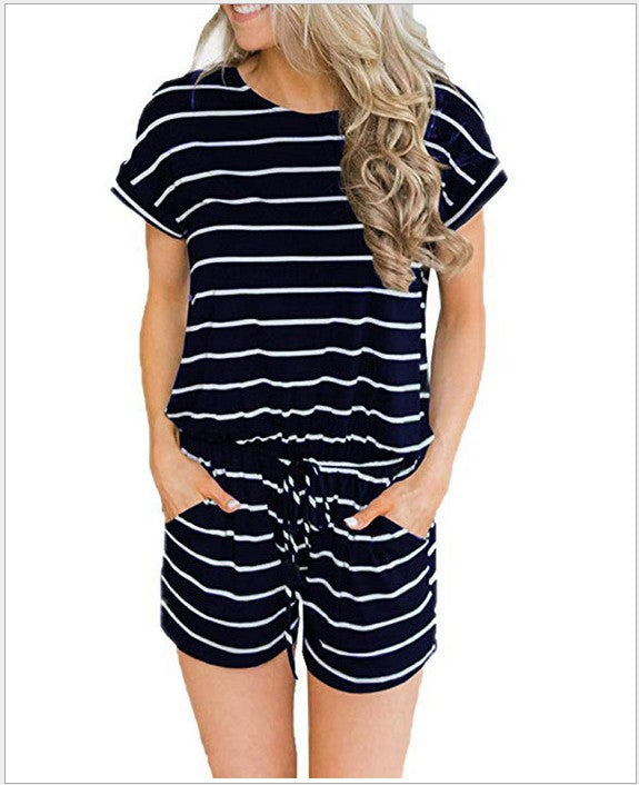 Damen Kurzarm Jumpsuit mit elastischem Bund und praktischen Taschen Drune